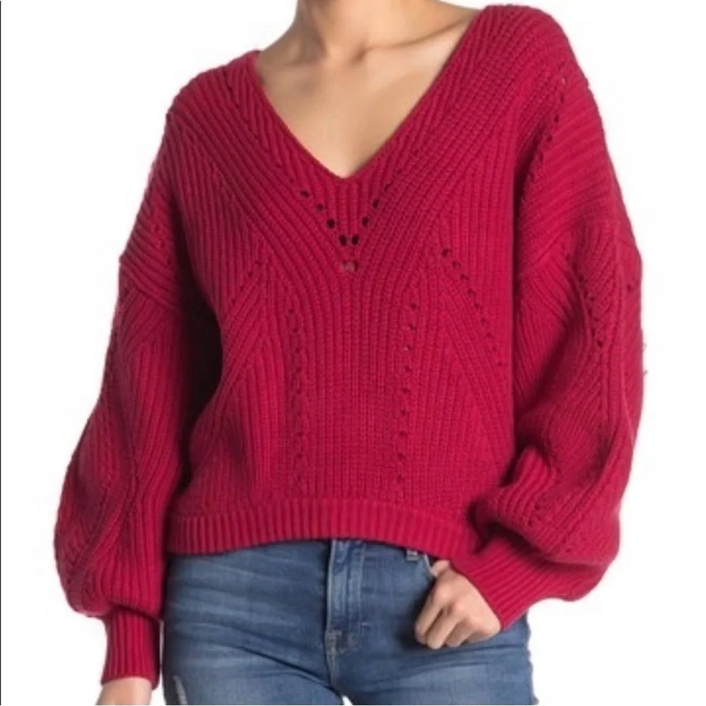 Free People Women's All Day Long V Neck Sweater - Fuego Rosa - tagged S, fits L